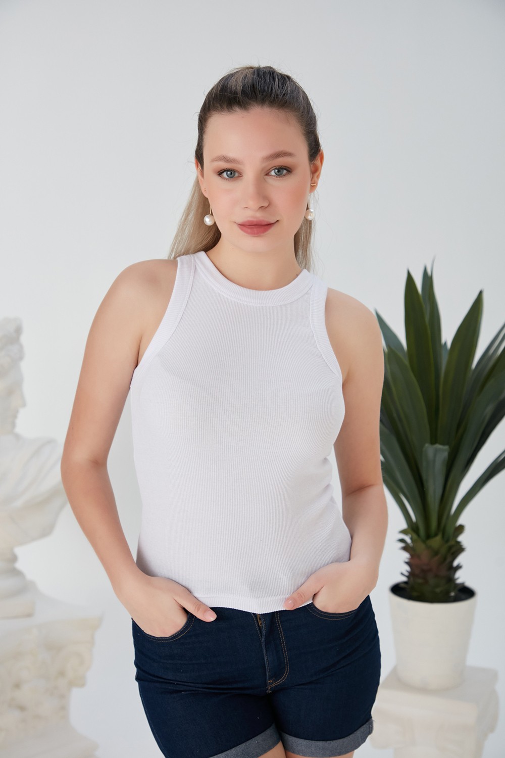 Catspy Lila Zargo Model Fitted/vücuda Oturan Geniş Biyeli Halter Yaka Fitilli Esnek Örme Crop Bluz