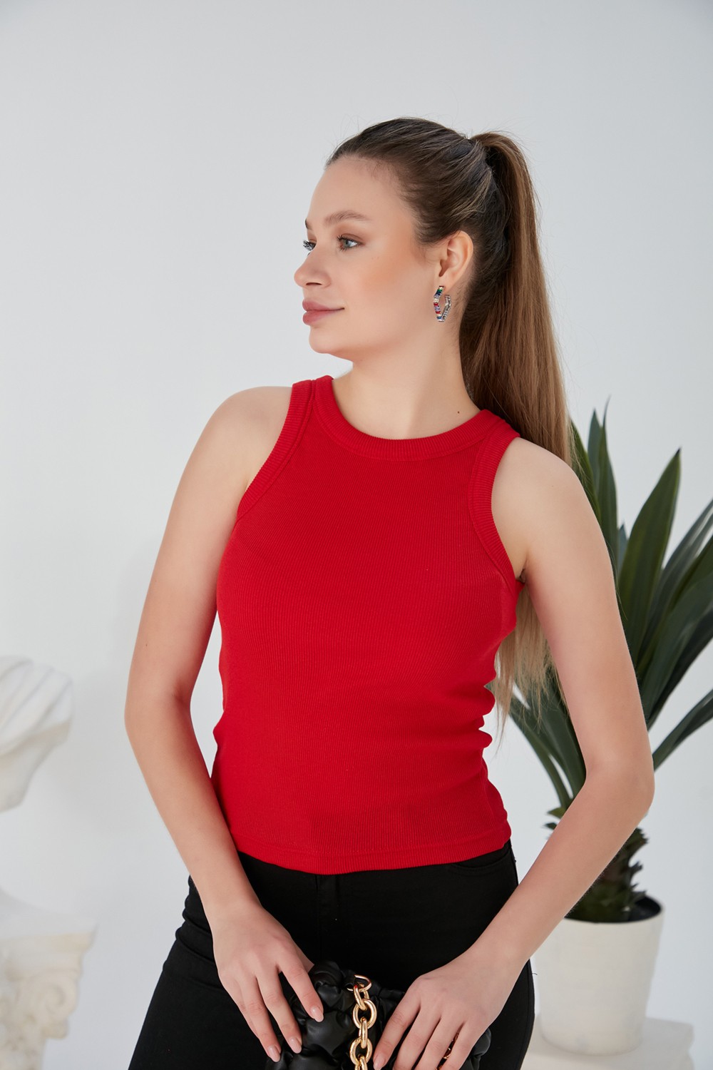 Catspy Lila Zargo Model Fitted/vücuda Oturan Geniş Biyeli Halter Yaka Fitilli Esnek Örme Crop Bluz