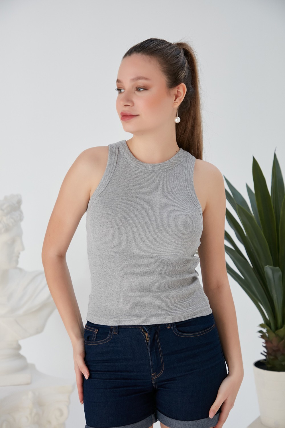Catspy Lila Zargo Model Fitted/vücuda Oturan Geniş Biyeli Halter Yaka Fitilli Esnek Örme Crop Bluz