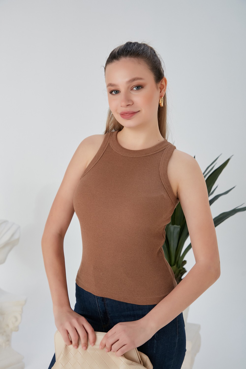 Catspy Lila Zargo Model Fitted/vücuda Oturan Geniş Biyeli Halter Yaka Fitilli Esnek Örme Crop Bluz