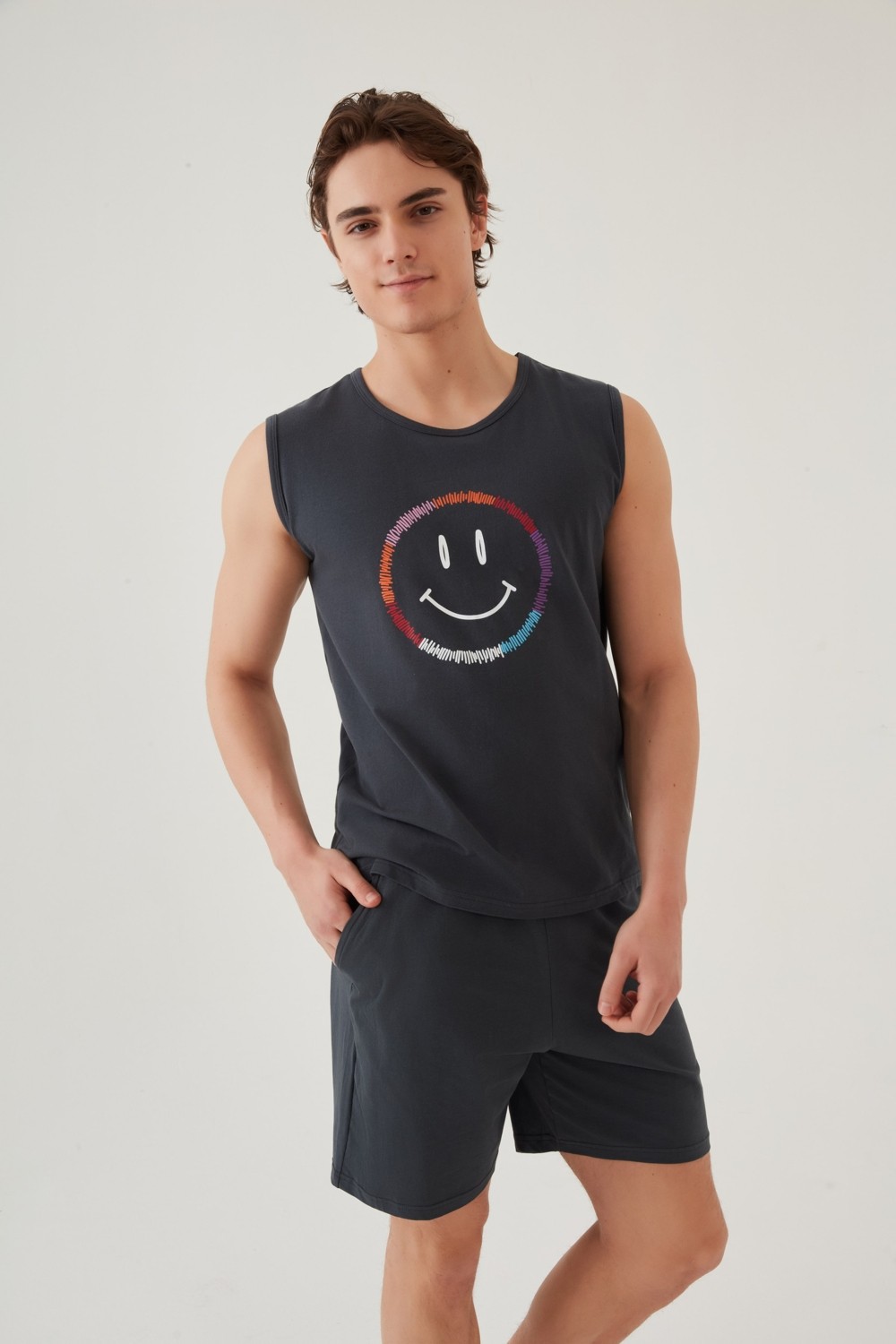 Koza İç Giyim Erkek Pamuklu Sıfır Kollu Baskı Detaylı Şortlu Pijama Takımı