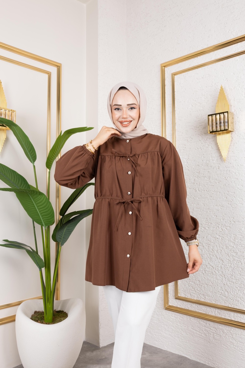 Harma Time Butik Kadın Düğmeli Bağlamalı Kahverengi Gömlek görsel 8