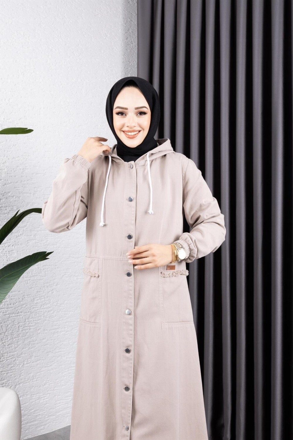 Harman Butik Kadın Düğmeli Kapüşonlu Cep Püsküllü Kot Kap görsel 7