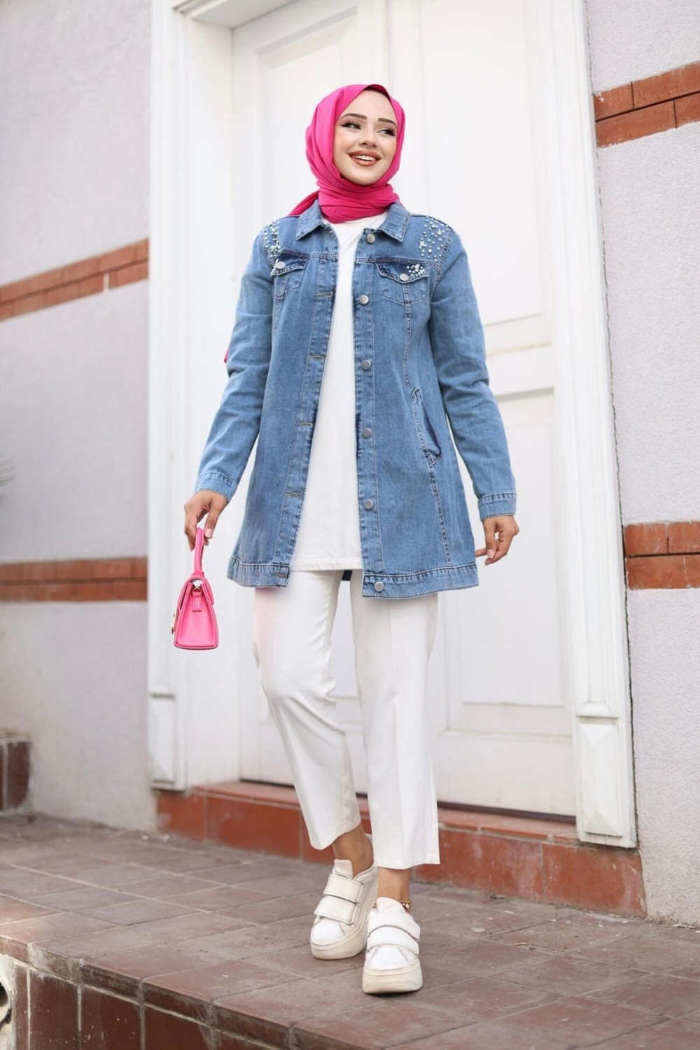 Harma Time Butik Kadın Boncuk Işlemeli Denim Kot Mavi Ceket görsel 6
