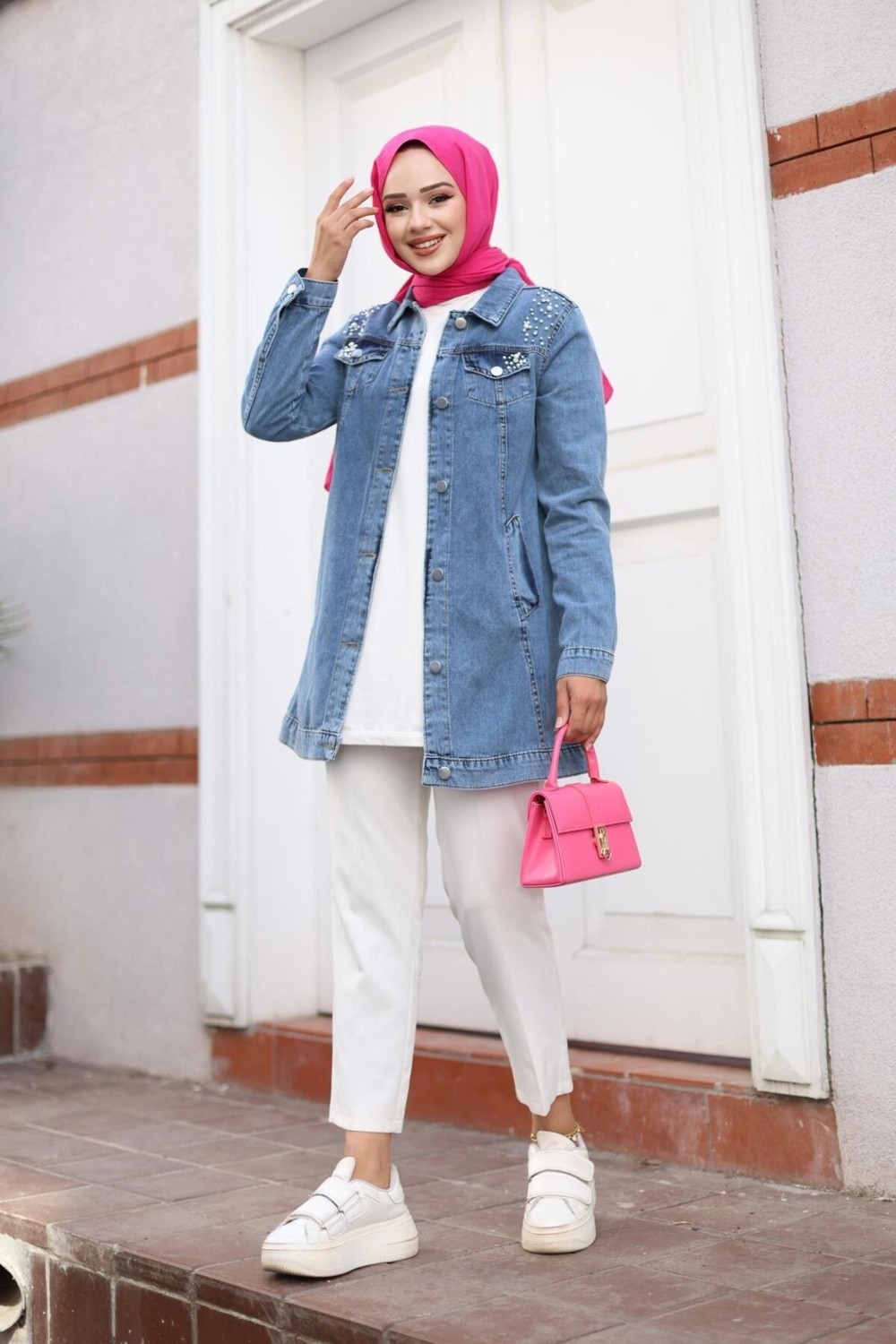 Harma Time Butik Kadın Boncuk Işlemeli Denim Kot Mavi Ceket görsel 7