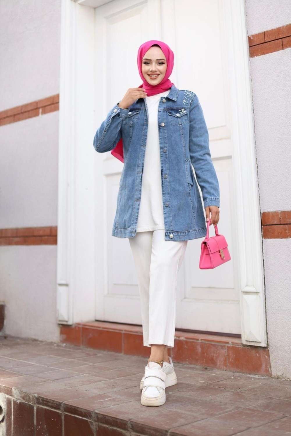 Harma Time Butik Kadın Boncuk Işlemeli Denim Kot Mavi Ceket görsel 8
