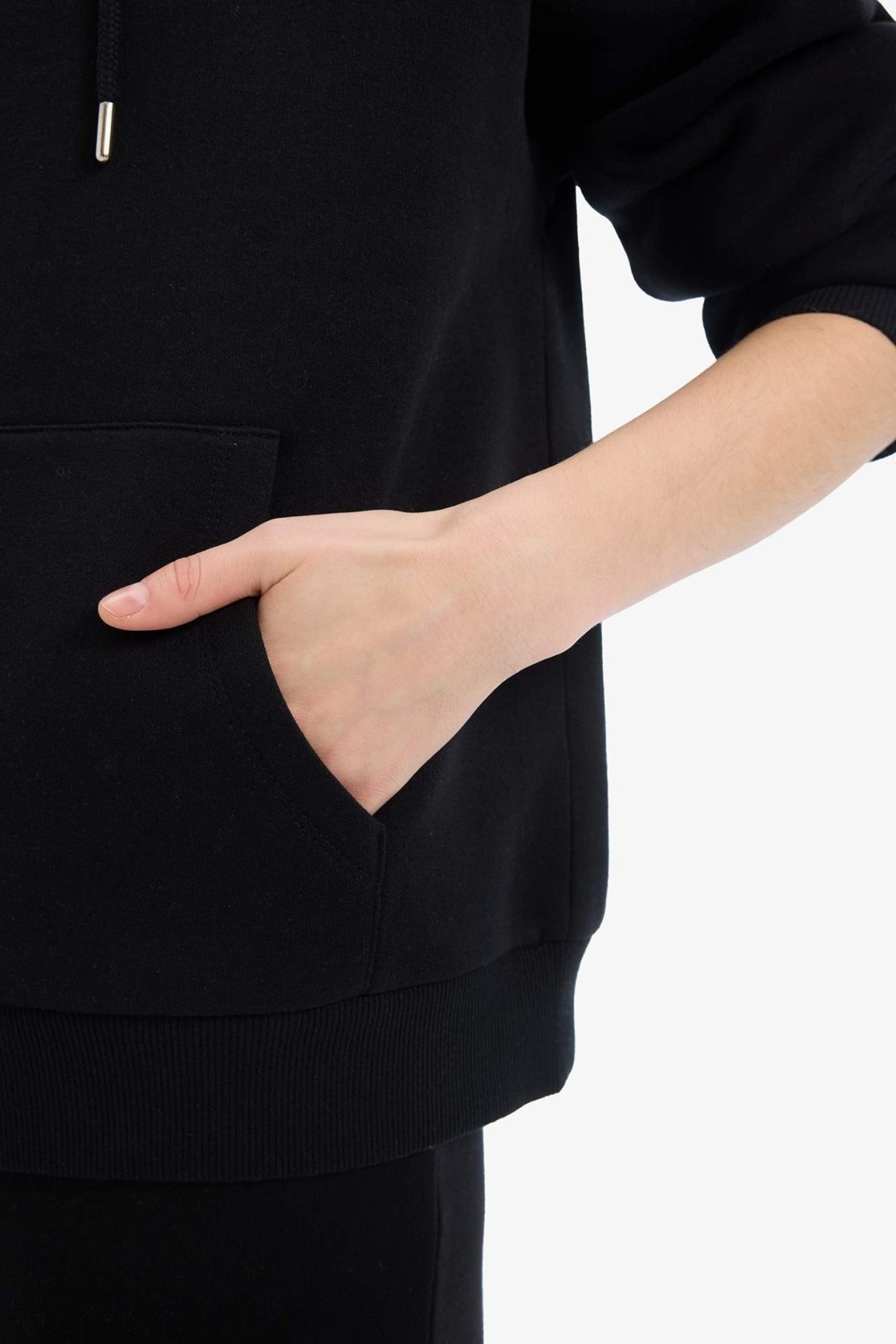 DeFacto Siyah Okula Dönüş Relax Fit Kapüşonlu Kalın Basic Düz Cepli Fermuarlı Sweatshirt D8717AX24WN görsel 6