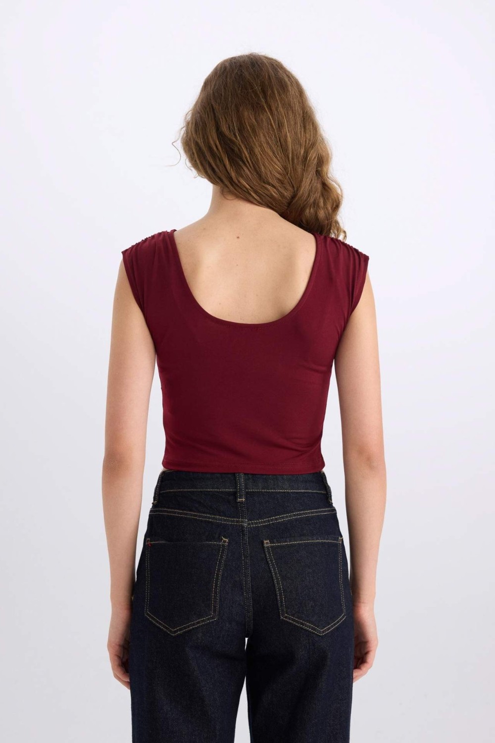 DeFacto Fitted Bisiklet Yaka Kısa Kollu Bordo Tişört E3150AX24WN görsel 8