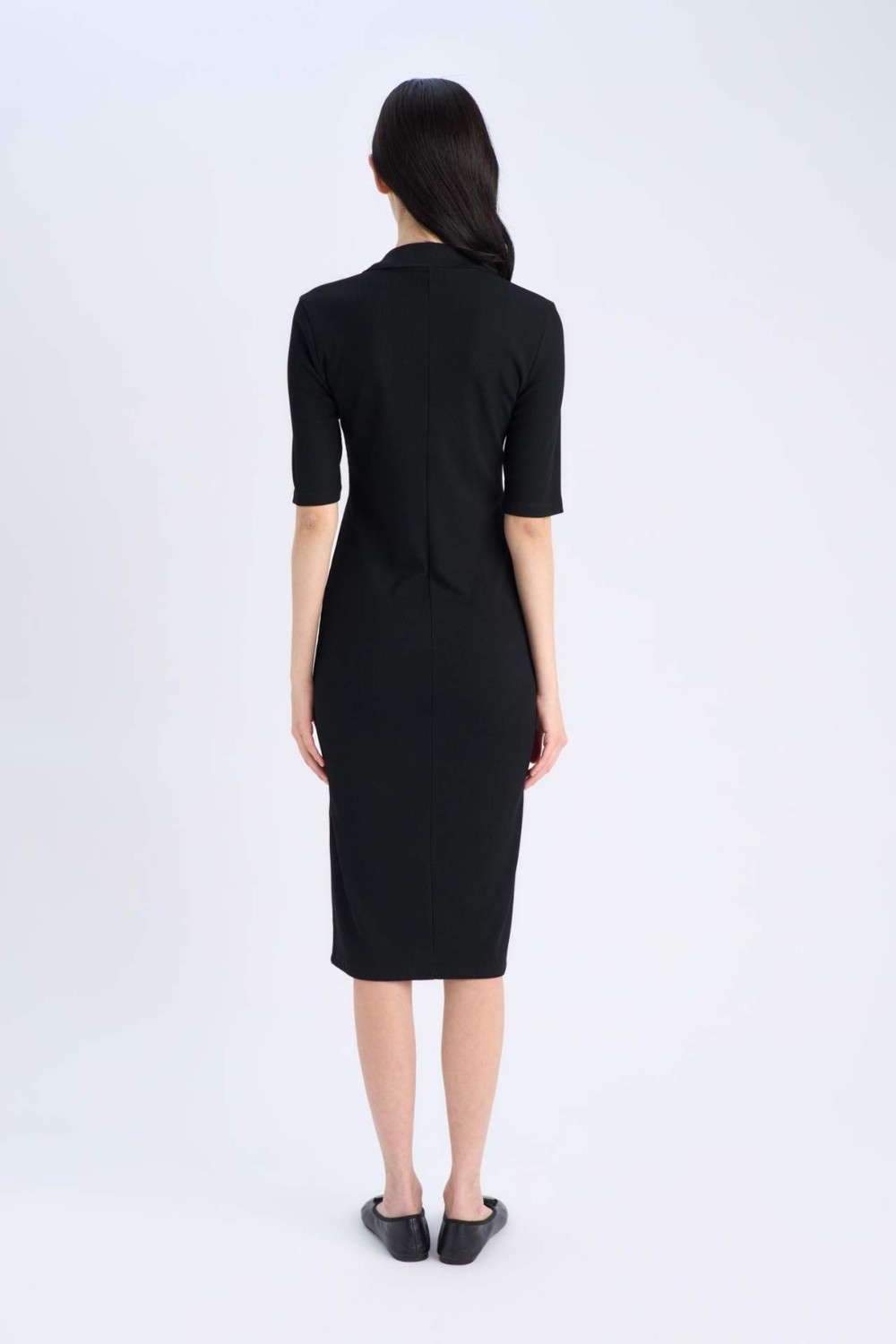 DeFacto Bodycon Vücudu Saran Polo Yaka Fitilli Kaşkorse Kısa Kollu Midi Elbise E6806AX25SP görsel 6