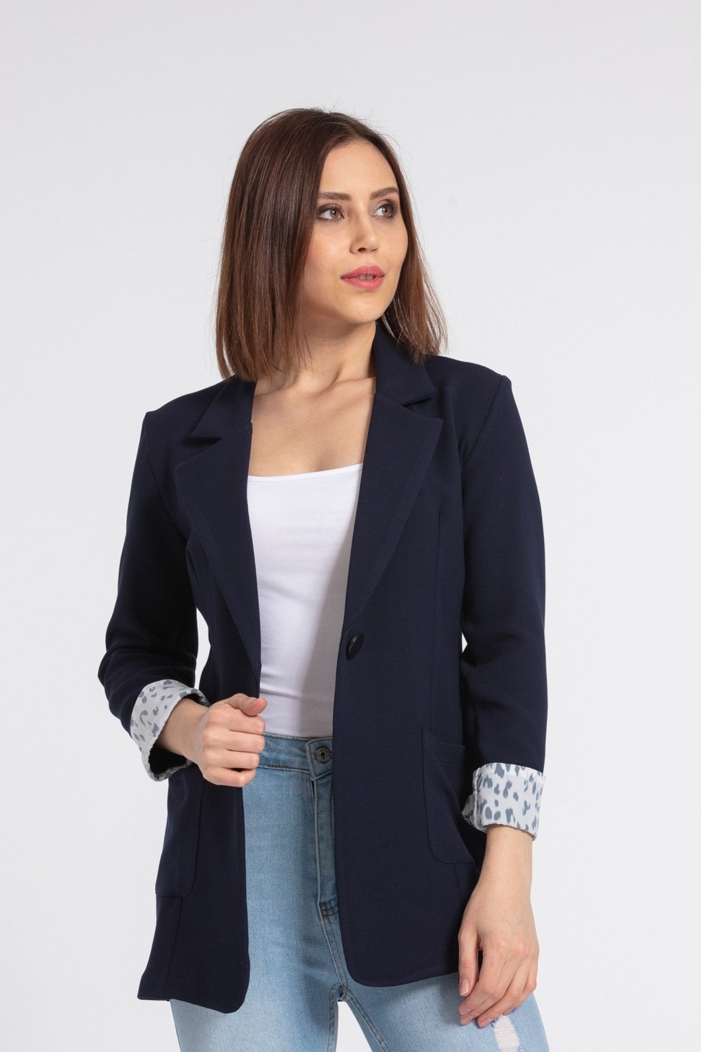 Jument Yakalı Cepli Uzun Kol Katlamalı Blazer Kumaş Ceket-Lacivert görsel 5