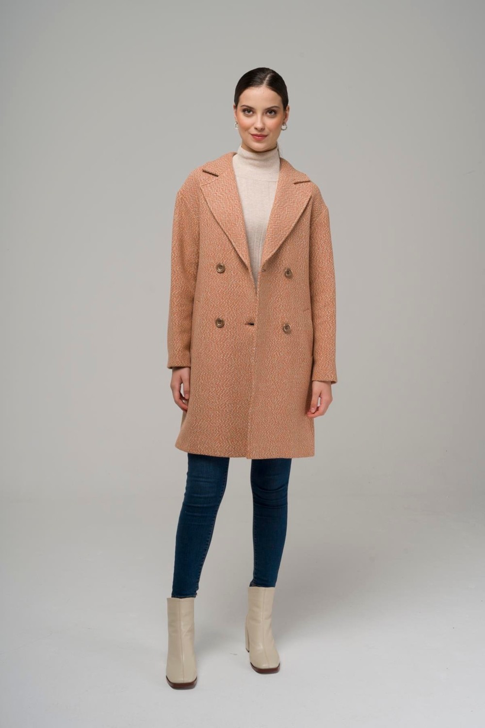 Olcay Kruvaze Oversize Balık Sırtı Kaban Somon 3949 görsel 3