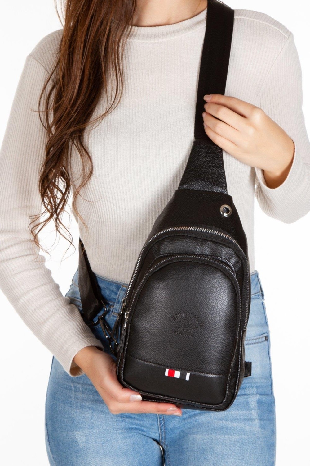 Newish Deri Kulaklık Çıkışlı Bodybag Göğüs ve Omuz Çantası new130 - Siyah görsel 2
