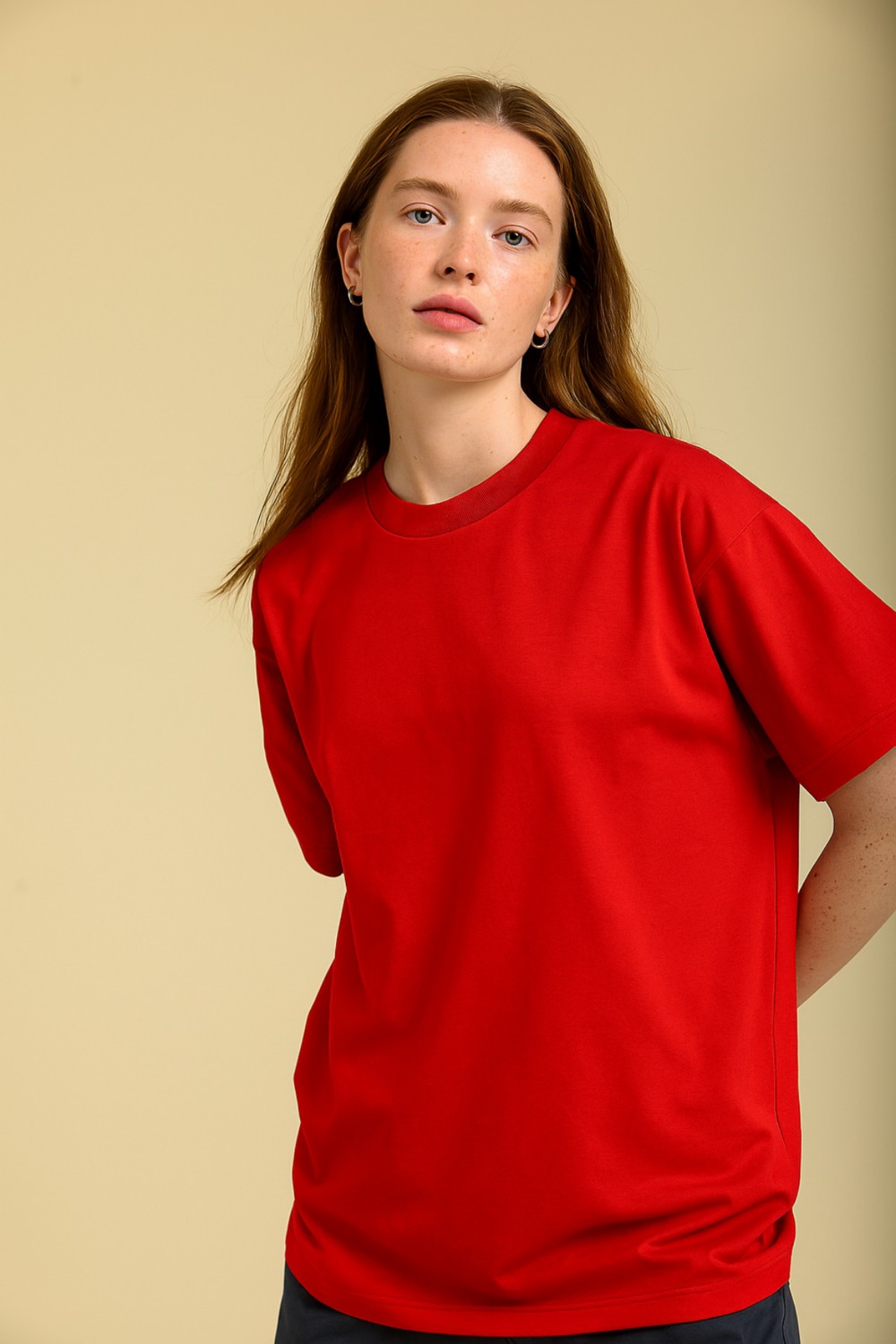 Guaraz Kadın Lacivert Oversize Bisiklet Yaka %100 Organik Pamuk Düz Basic Yazlık T-Shirt