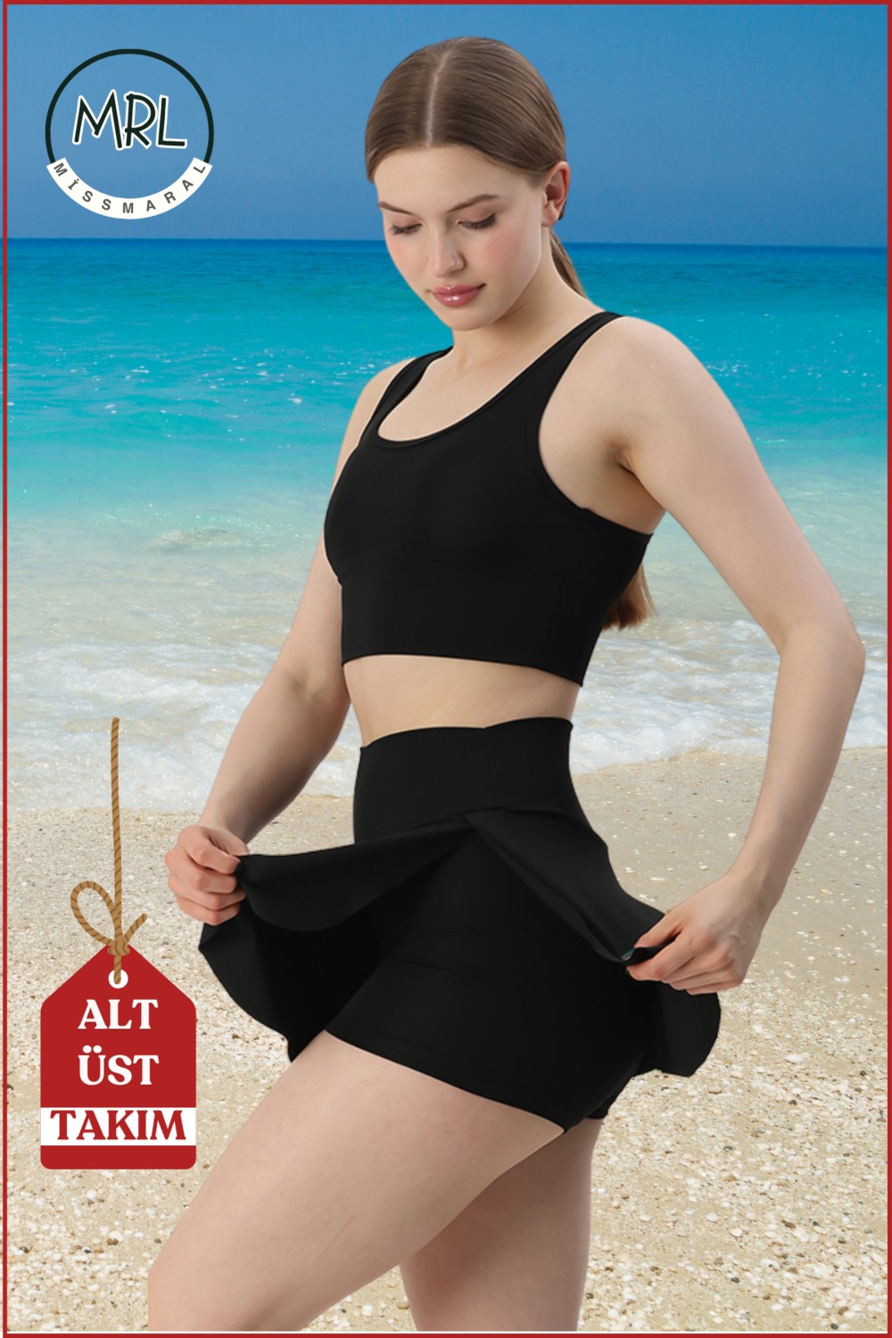 Miss Maral Kadın Siyah Alt-Üst Takım Şort & Sabit Pedli Üst Crop Denizde Havuzda Sporda Swimsuit TAKIM33107