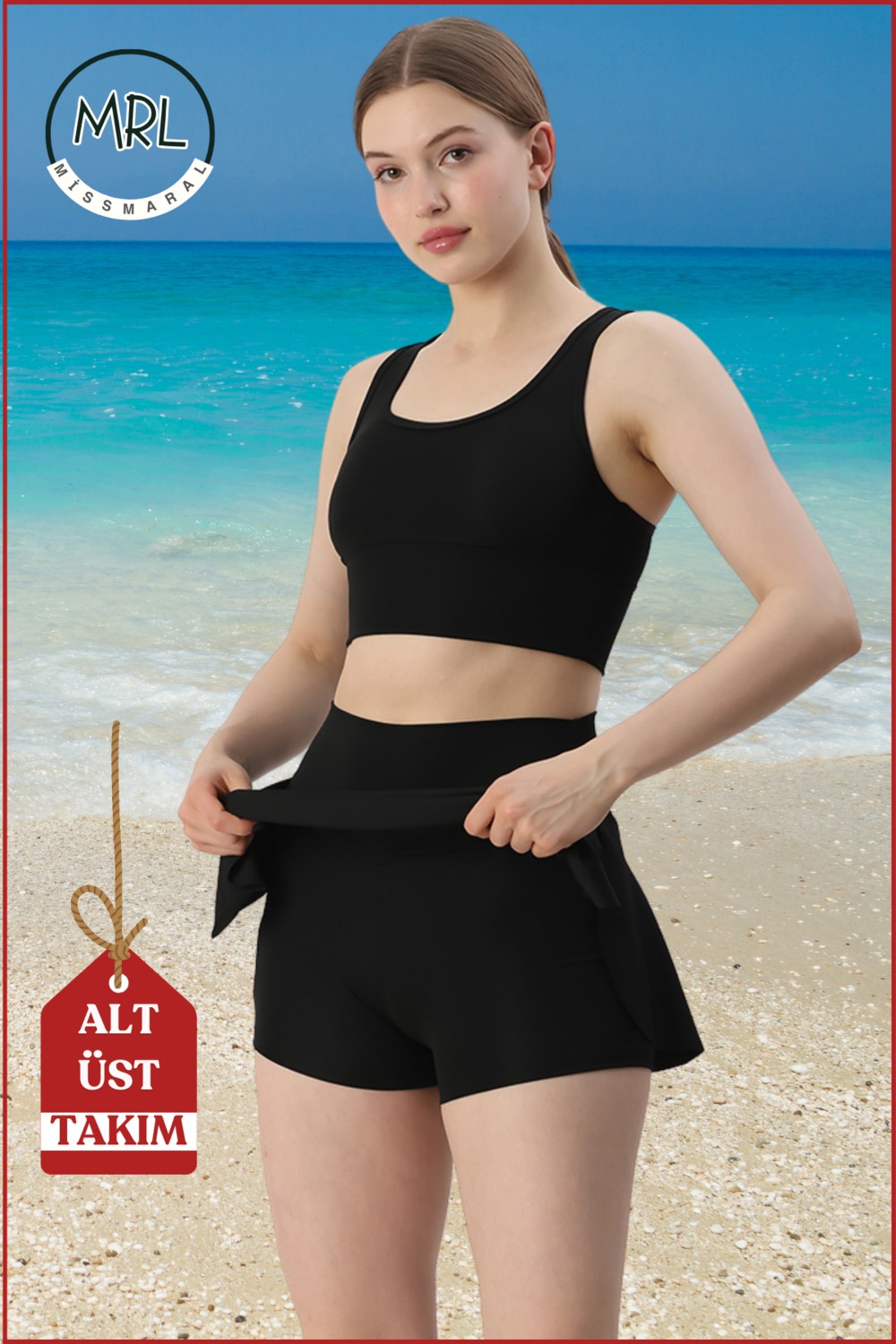 Miss Maral Kadın Siyah Alt-Üst Takım Şort & Sabit Pedli Üst Crop Denizde Havuzda Sporda Swimsuit TAKIM33107 görsel 2