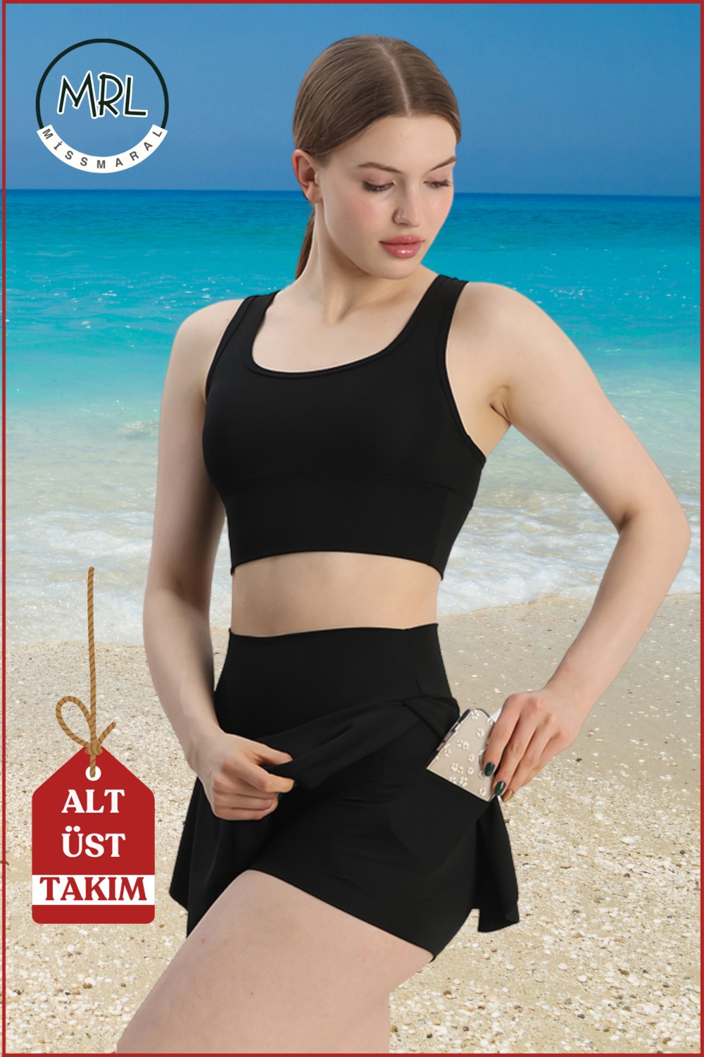 Miss Maral Kadın Siyah Alt-Üst Takım Şort & Sabit Pedli Üst Crop Denizde Havuzda Sporda Swimsuit TAKIM33107 görsel 3