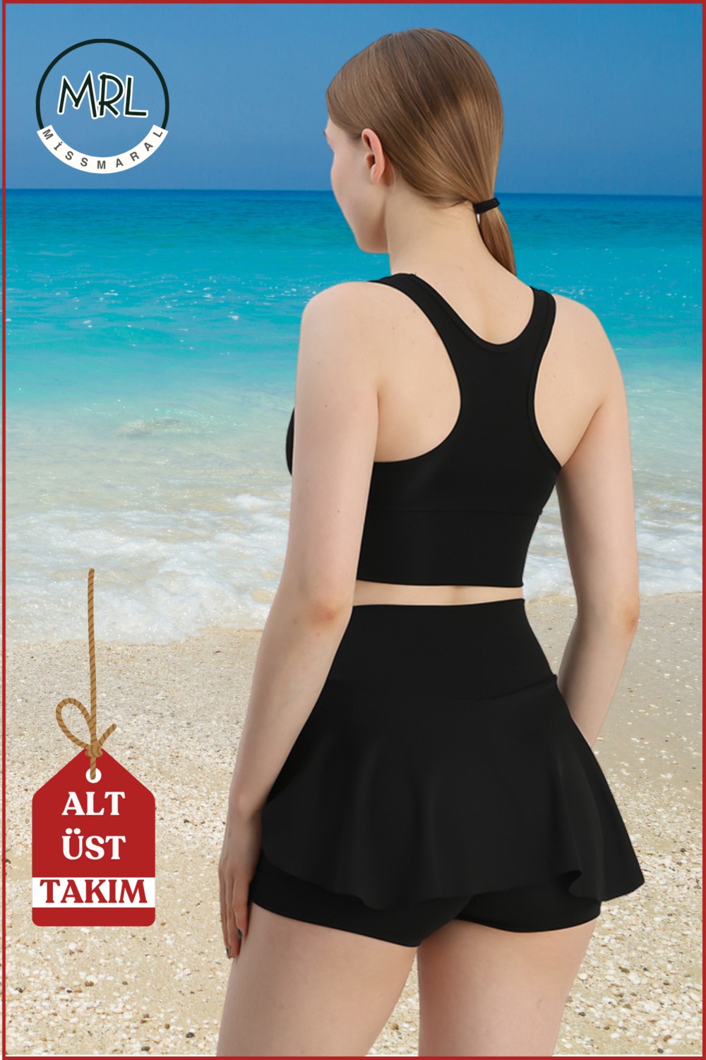 Miss Maral Kadın Siyah Alt-Üst Takım Şort & Sabit Pedli Üst Crop Denizde Havuzda Sporda Swimsuit TAKIM33107 görsel 4