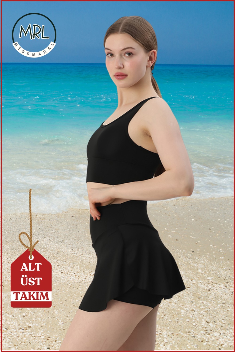 Miss Maral Kadın Siyah Alt-Üst Takım Şort & Sabit Pedli Üst Crop Denizde Havuzda Sporda Swimsuit TAKIM33107 görsel 5