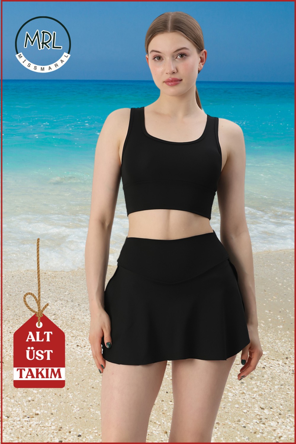 Miss Maral Kadın Siyah Alt-Üst Takım Şort & Sabit Pedli Üst Crop Denizde Havuzda Sporda Swimsuit TAKIM33107 görsel 7