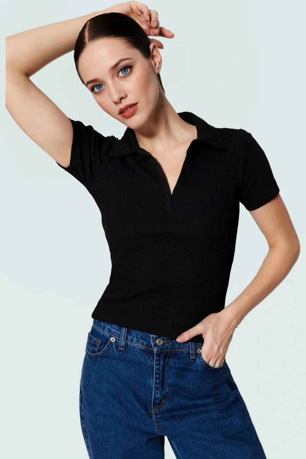 PayBuy Kısa Kollu Polo Yaka Fermuarlı Örme Bluz Yazlık Rahat Kombin ve Şık Günlük Kullanım Için görsel 5