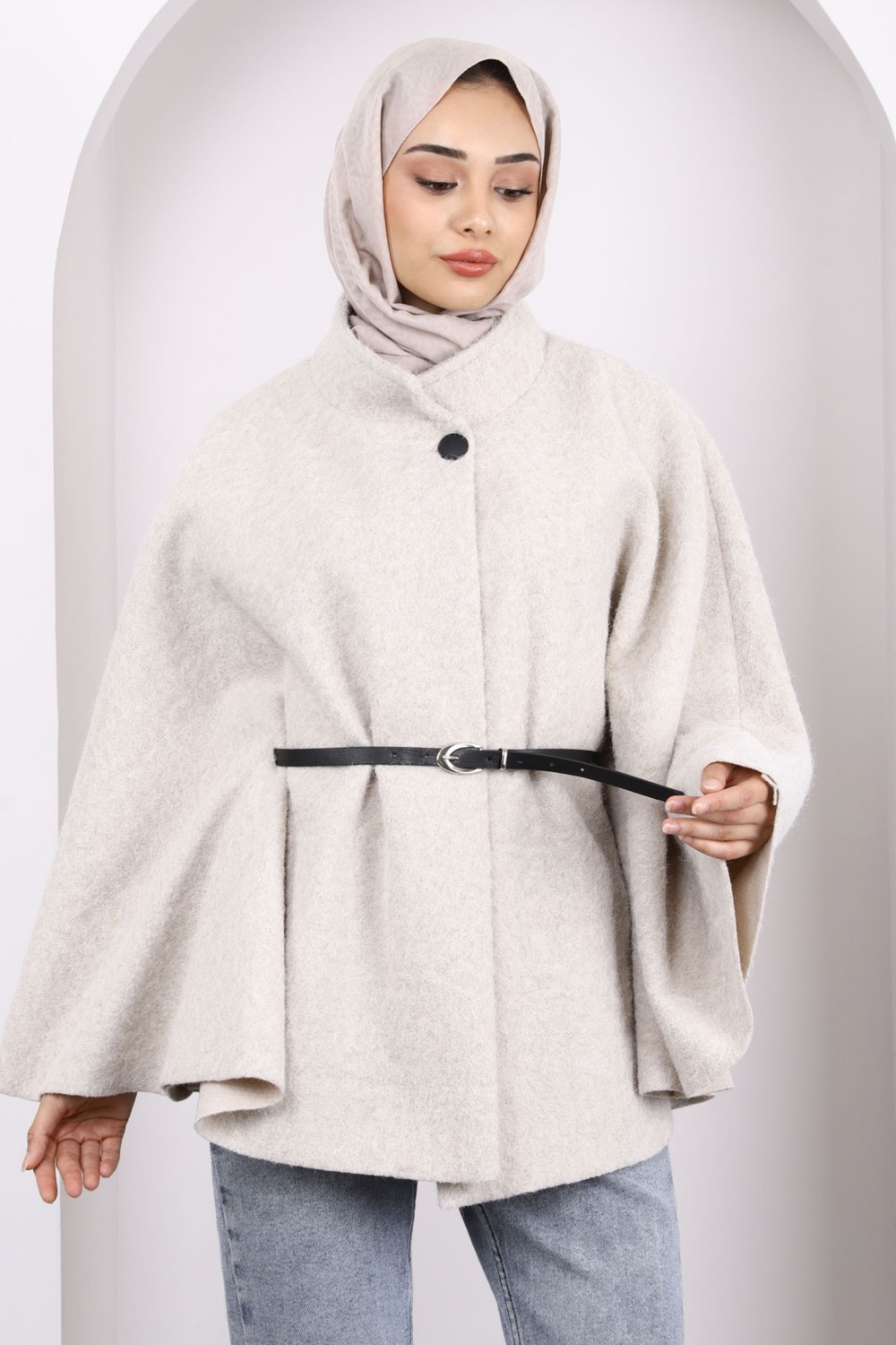 İmaj Butik Vizon Kemerli Kaşe Panço