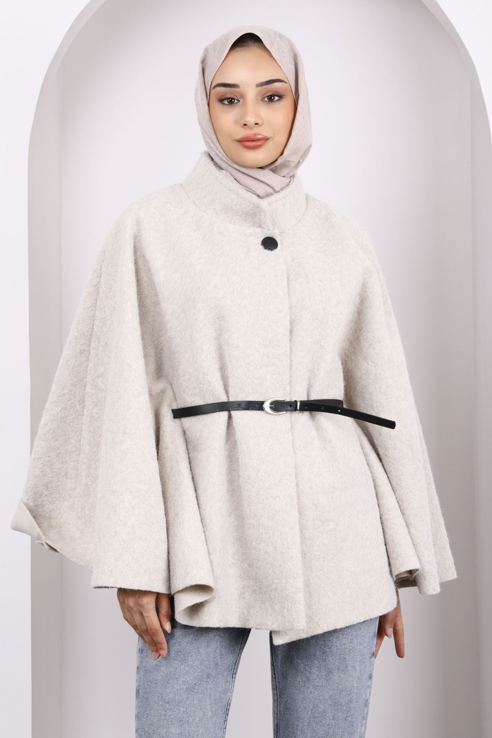 İmaj Butik Vizon Kemerli Kaşe Panço görsel 3