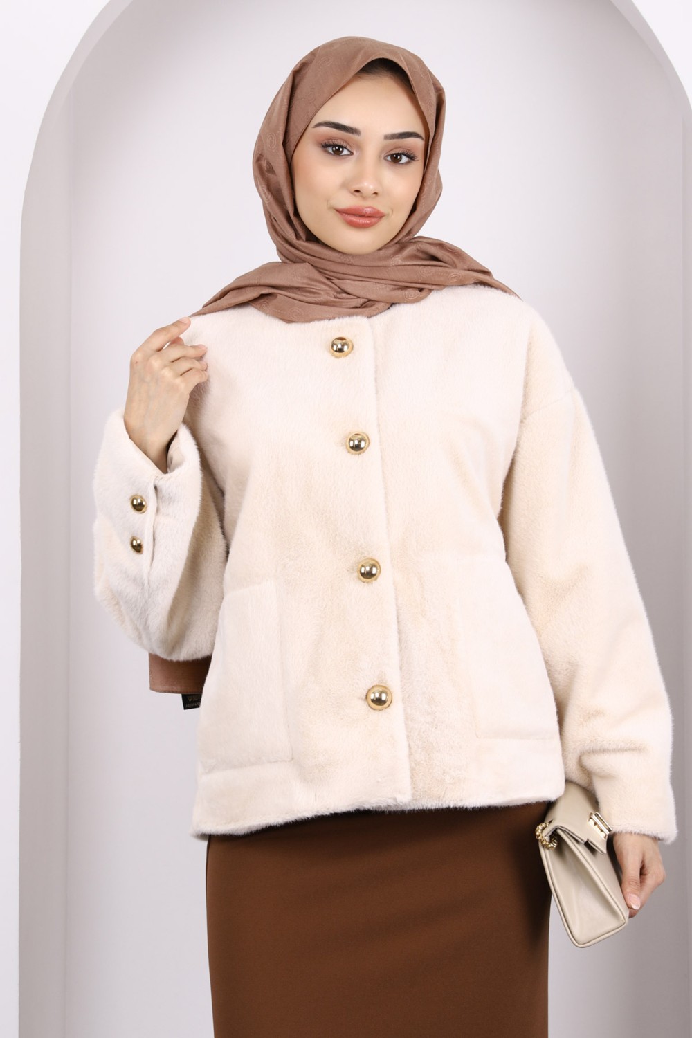 İmaj Butik Bej Cepli Angora Ceket