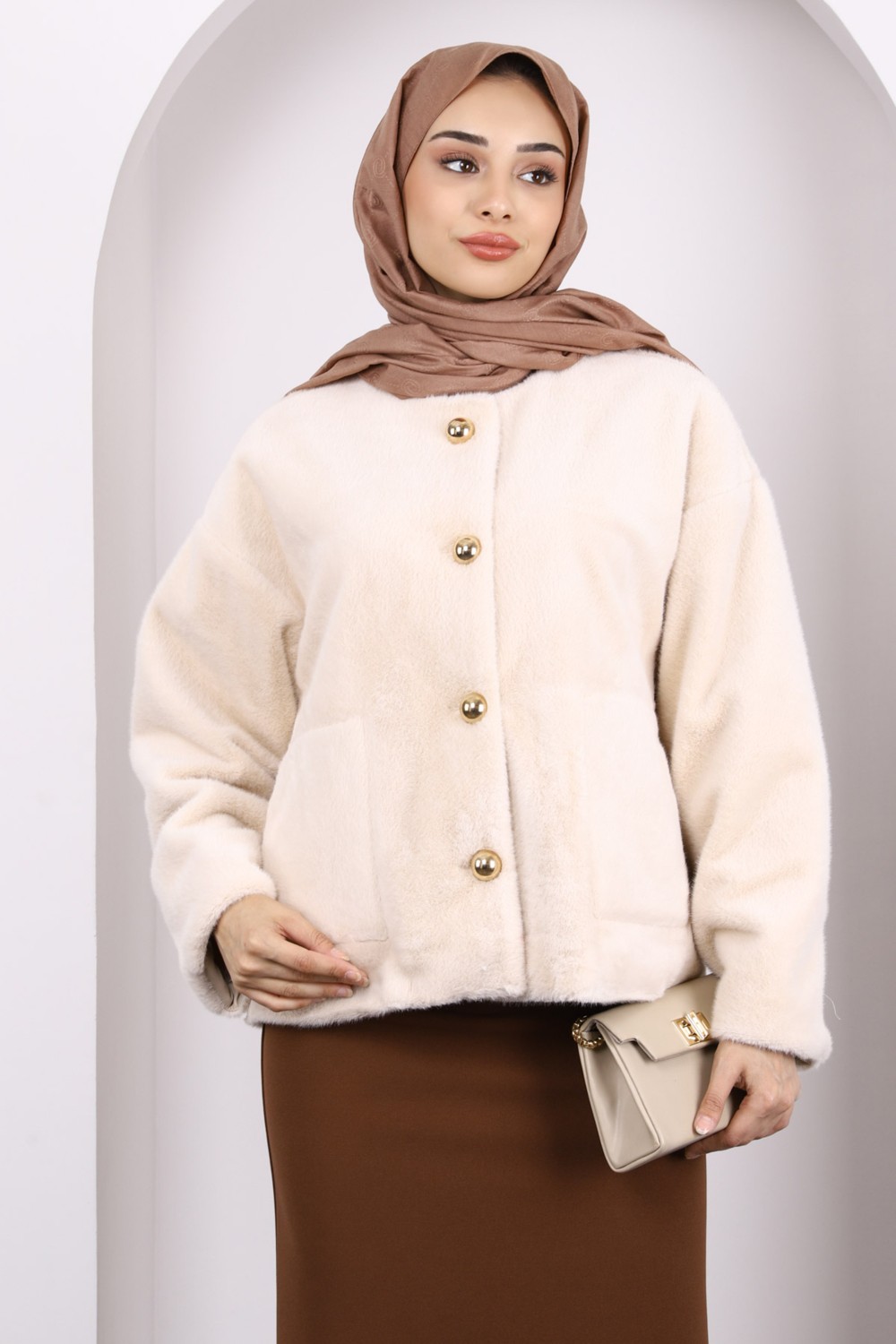 İmaj Butik Bej Cepli Angora Ceket görsel 3