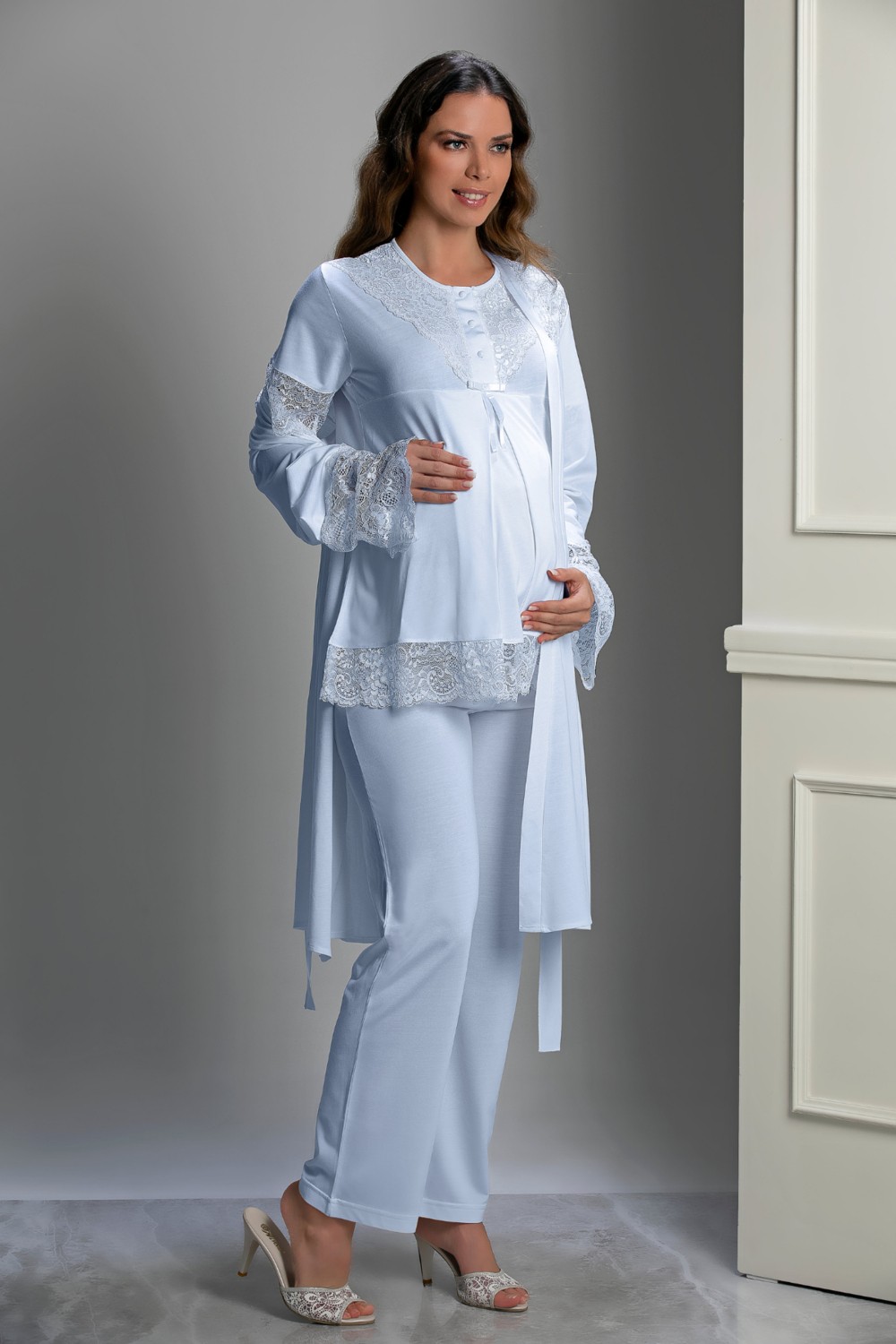 Lorian's Mavi Tasarım Viskon Hamile Pijama Takım 3'lü Set 2XL Konforlu Kullanım için Özel Tasarım
