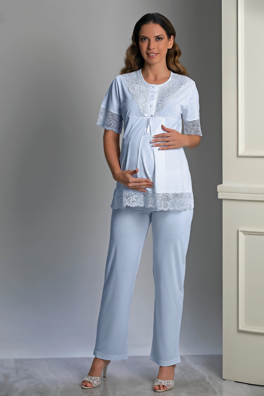 Lorian's Mavi Tasarım Viskon Hamile Pijama Takım 3'lü Set 2XL Konforlu Kullanım için Özel Tasarım görsel 2