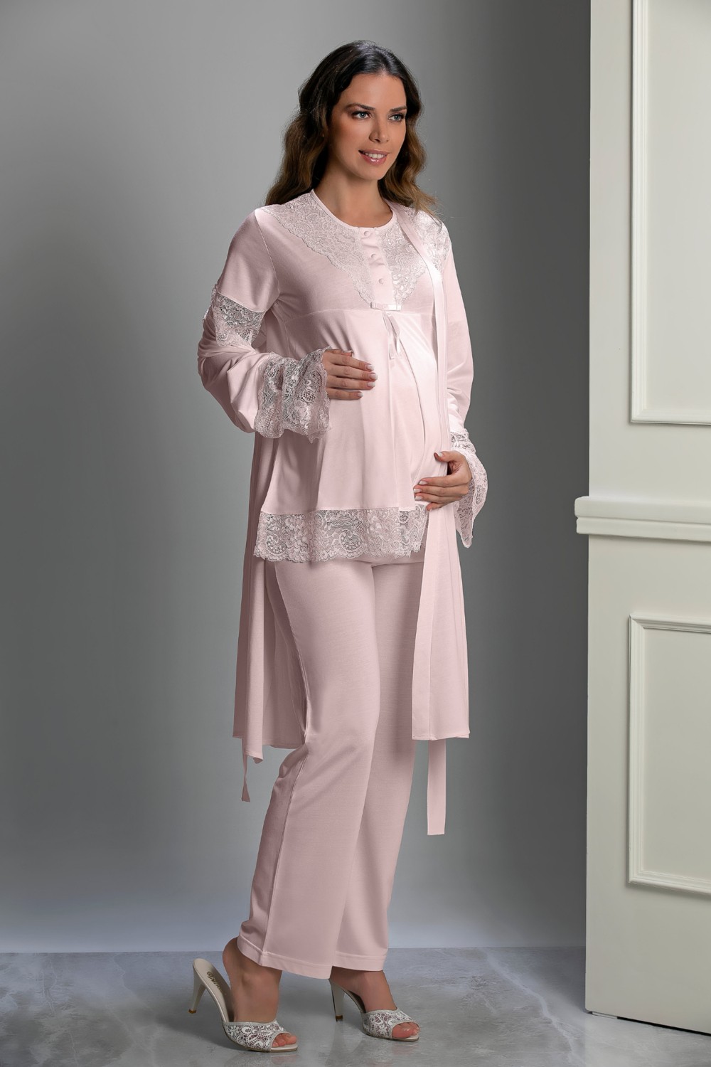 Lorian's Mavi Tasarım Viskon Hamile Pijama Takım 3'lü Set 2XL Konforlu Kullanım için Özel Tasarım