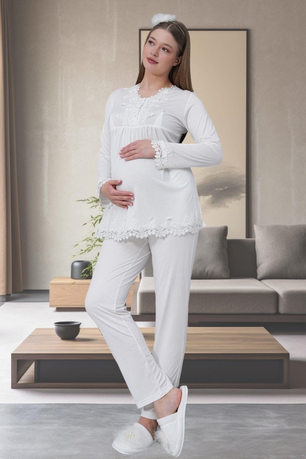 Mecit Pijama Mecit Ekru 1501 Hamile Lohusa Pijama Takımı