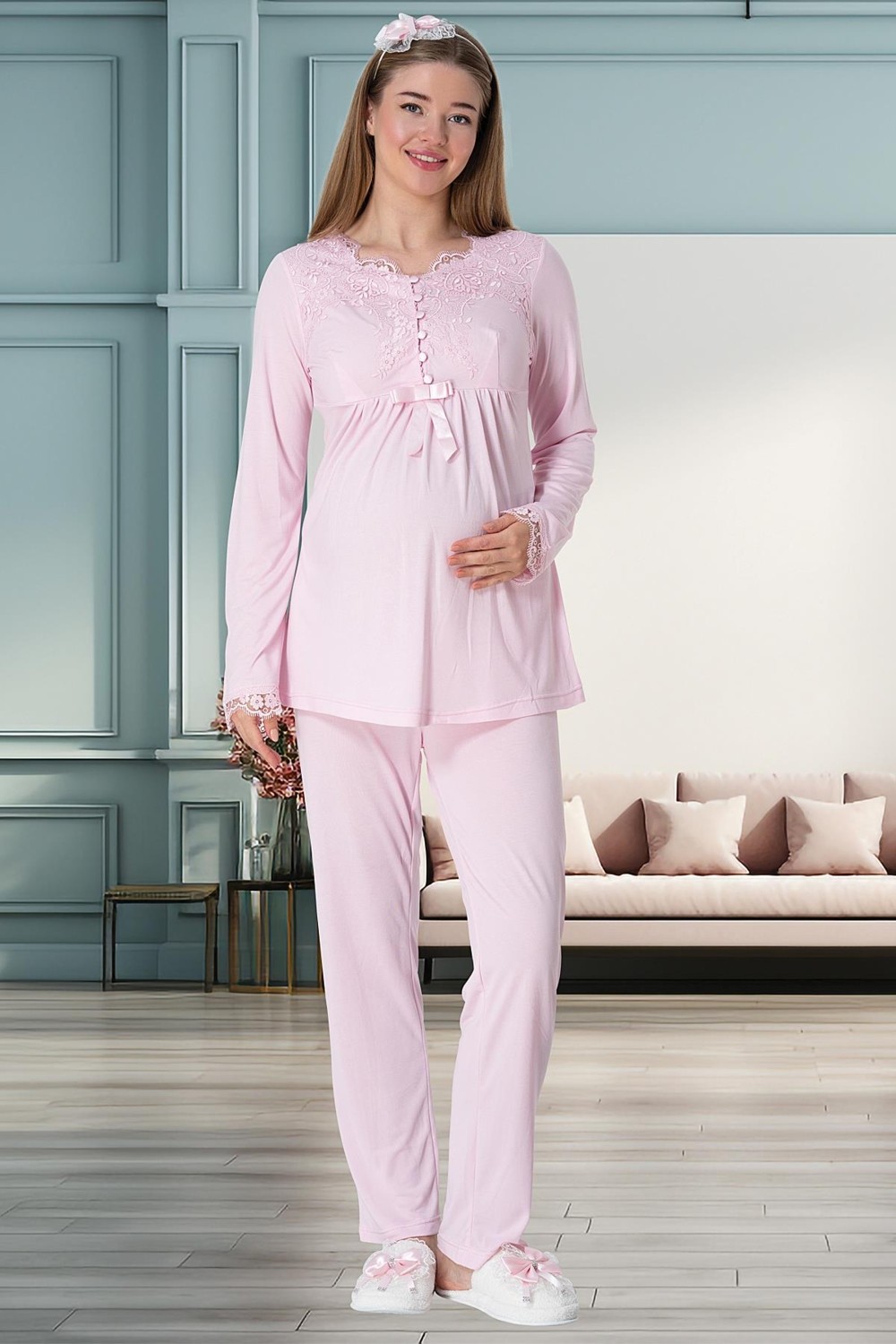 Mecit Pijama Mecit 1924 Pembe Dört Parça Hamile Lohusa Set görsel 8