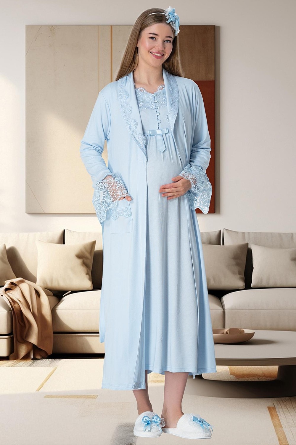 Mecit Pijama Mecit 1924 Mavi Dört Parça Hamile Lohusa Set görsel 7