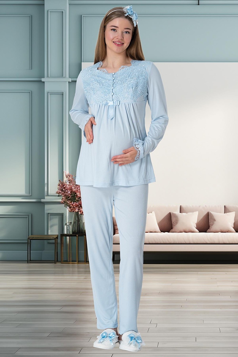 Mecit Pijama Mecit 1924 Mavi Dört Parça Hamile Lohusa Set görsel 8