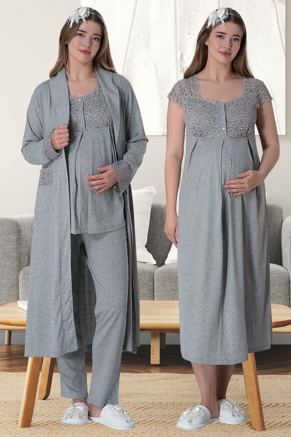 Mecit Pijama Mecit 6066 Gri Sabahlıklı Gecelik Pijama Lohusa Set görsel 7