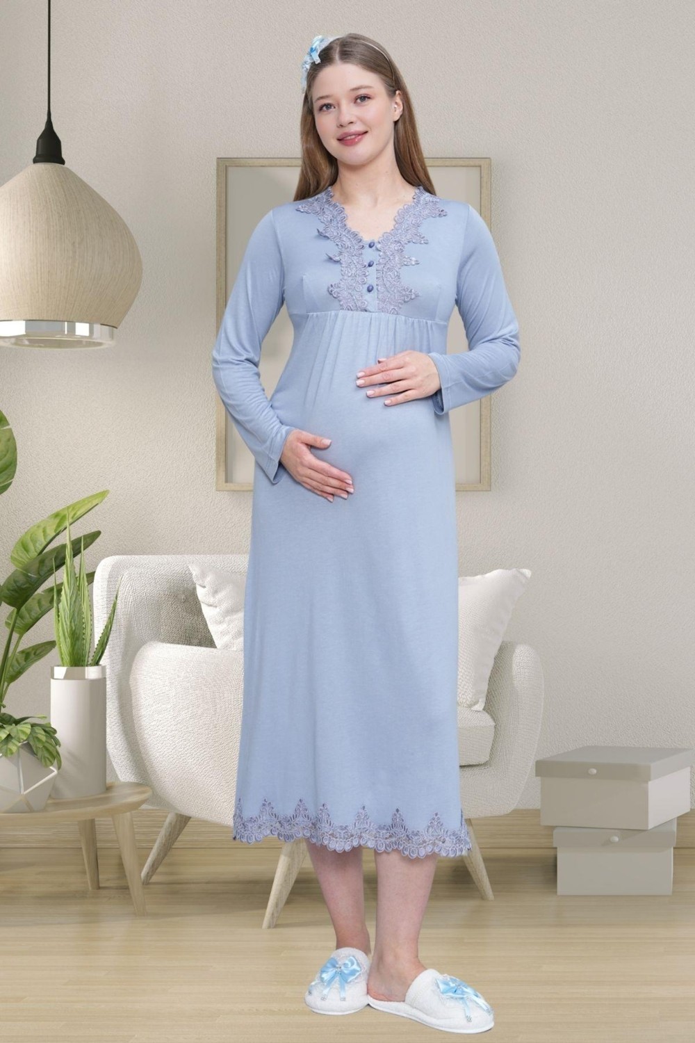 Mecit Pijama Mecit 1519 Mavi Lohusa Sabahlık Gecelik Pijama Set görsel 7