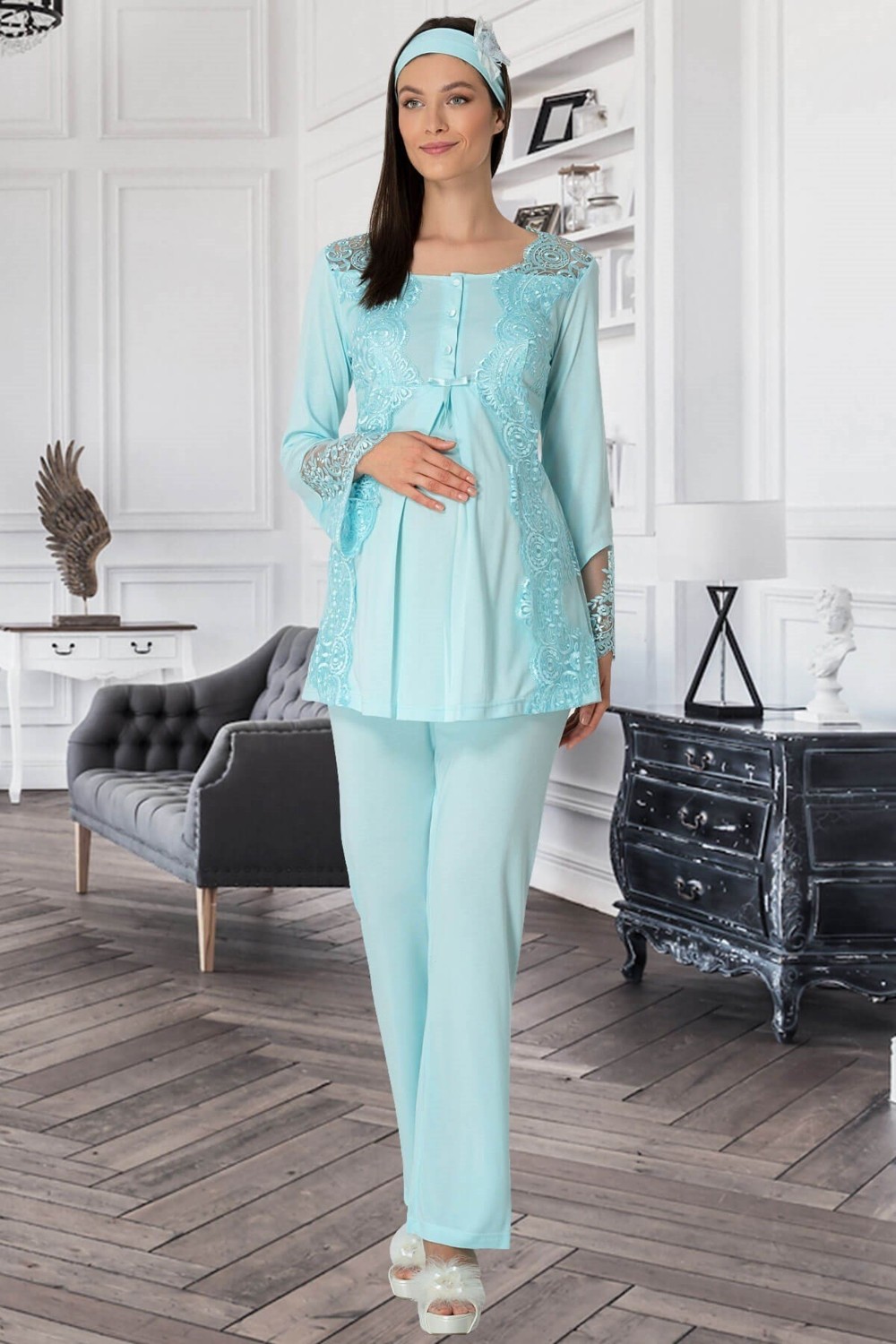 By Mecit Pijama Mecit 5015 Dantelli Turkuaz Lohusa Pjama Takımı