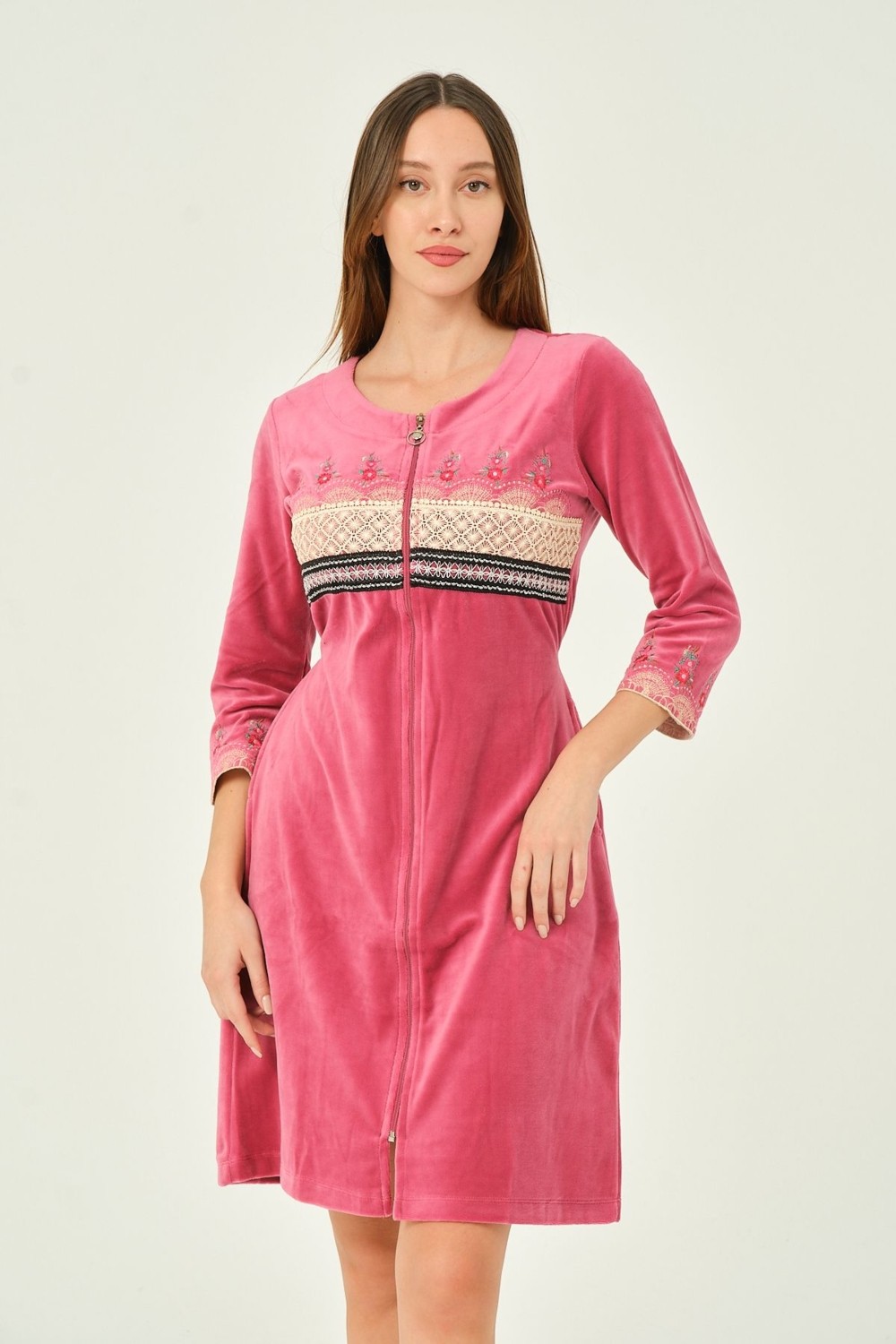 Intensive Collection Pembe Dantel ve Nakış Detaylı Fermuarlı Cepli Kadife Elbise görsel 7