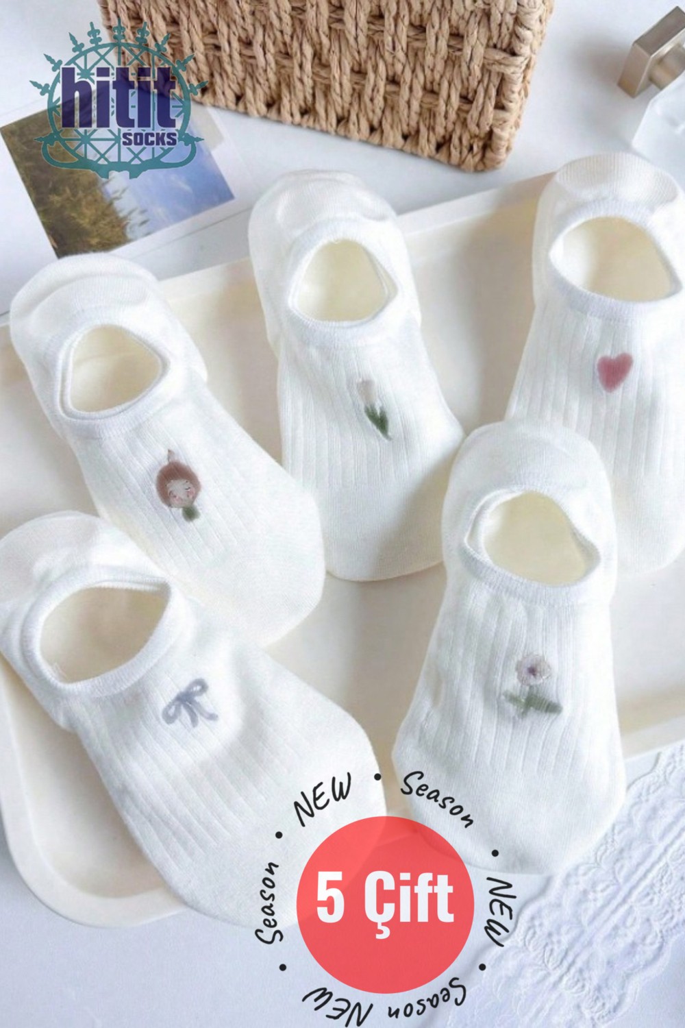 Hitit Socks Kadın 5 Çift Premium Fiyonk Çiçek ve Kalp Desenli Görünmez Babet Çorap görsel 2