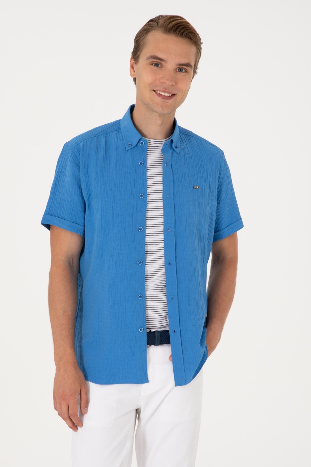 U.S. Polo Assn. Erkek İndigo Kısa Kollu Gömlek 50306328-VR028 görsel 3