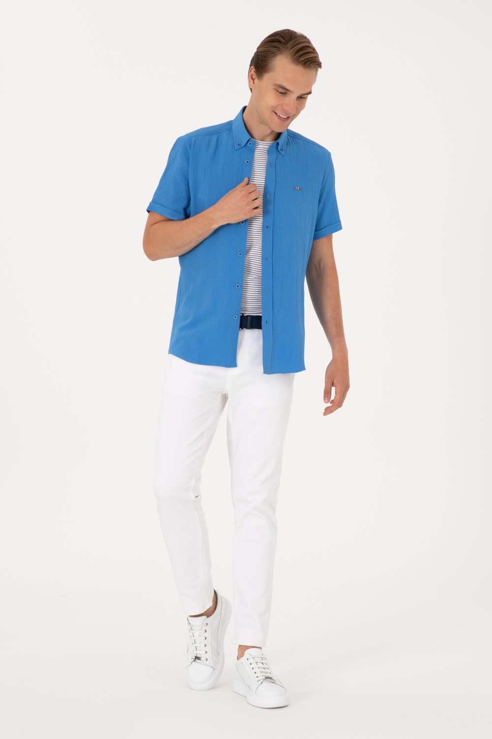 U.S. Polo Assn. Erkek İndigo Kısa Kollu Gömlek 50306328-VR028 görsel 4