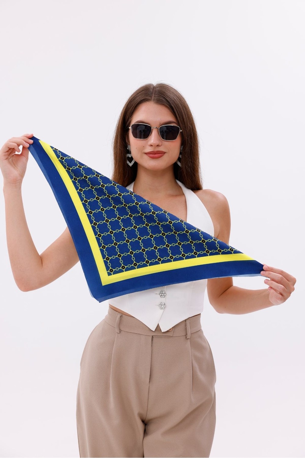 Tarzını Seç Sarı Lacivert Zincir Desenli - Efes Model Fular Estascarf görsel 7