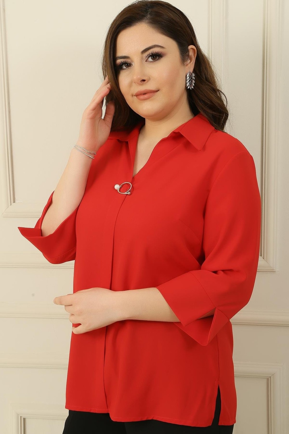 By Saygı Polo Yaka Çeyrek Kol Büyük Beden Bluz görsel 5