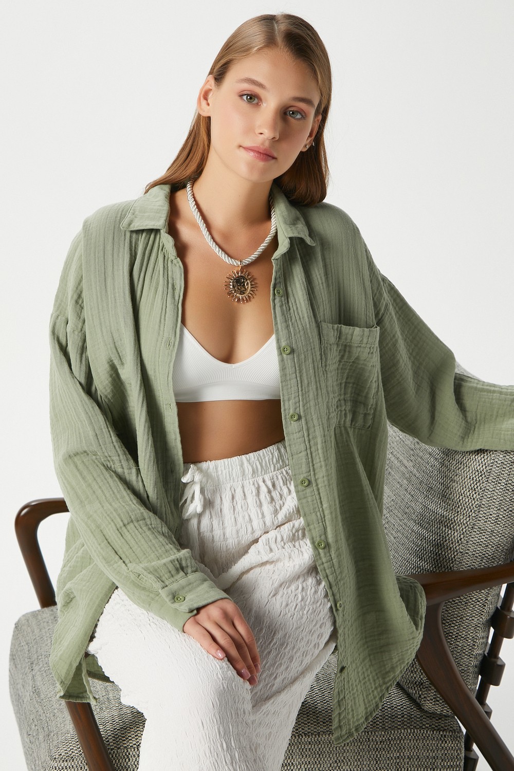 Ritnice Kadın Tilda %100 Pamuk Müslin Oversize Haki Gömlek görsel 2
