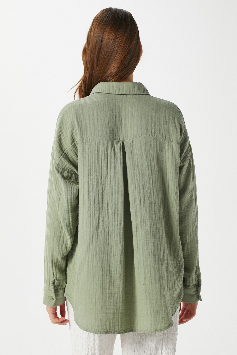 Ritnice Kadın Tilda %100 Pamuk Müslin Oversize Haki Gömlek görsel 4