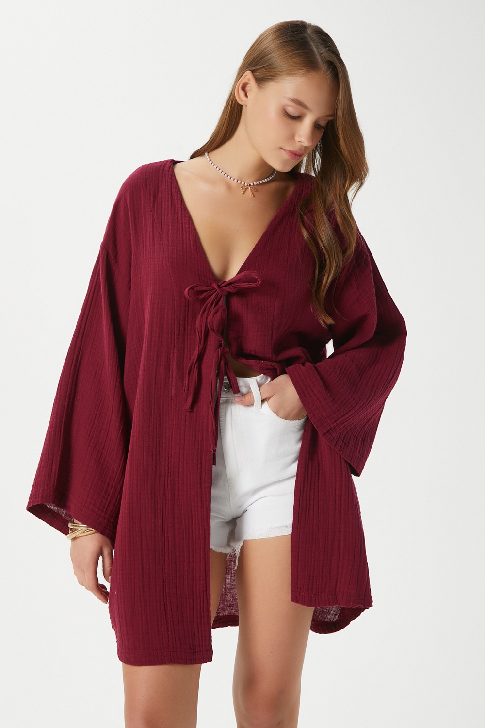Ritnice Kadın Sandra %100 Pamuk Müslin Bağcıklı Kahvrengi Kimono görsel 2