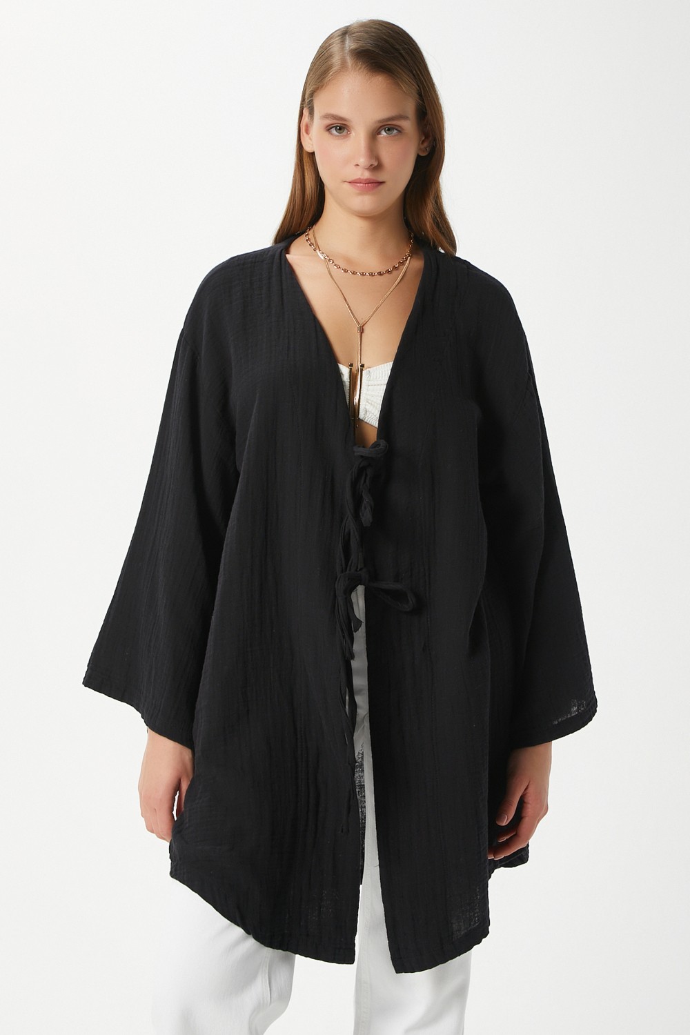 Ritnice Kadın Sandra %100 Pamuk Müslin Bağcıklı Kahvrengi Kimono