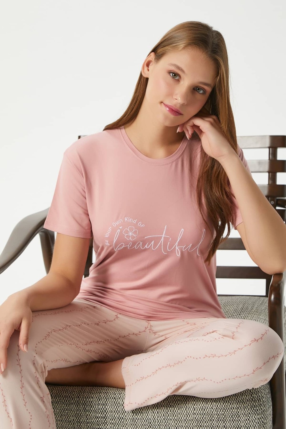 Ritnice Kadın Beautiful Yumuşak Doku Pudra Bisiklet Yaka Kısa Kollu Alt Üst Pijama Takımı görsel 2