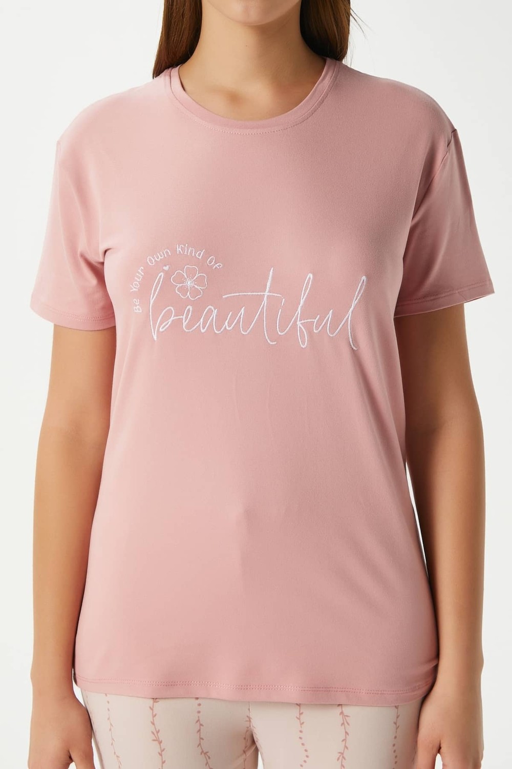 Ritnice Kadın Beautiful Yumuşak Doku Pudra Bisiklet Yaka Kısa Kollu Alt Üst Pijama Takımı görsel 4